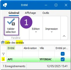 Sélection de l'entité API