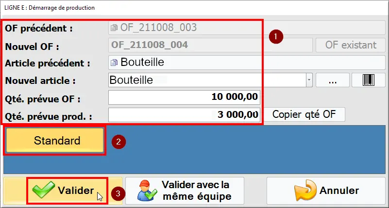 Saisie Démarrage production